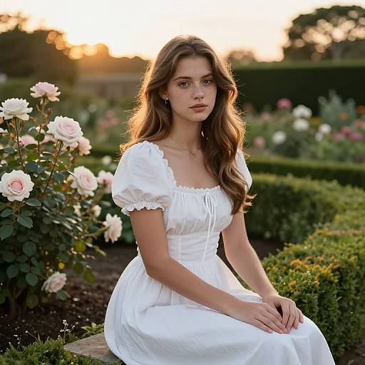 Elegant Young Lady in Garden at Sunset