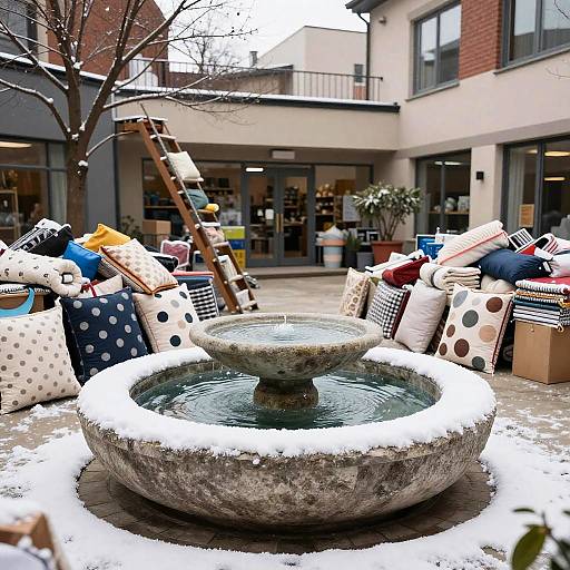 Urban Winter Courtyard with Trash Polka Art