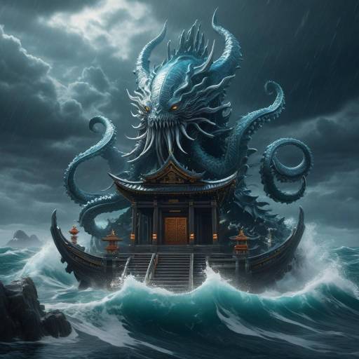 Sea Monster and Asian Temple in Stormy Ocean