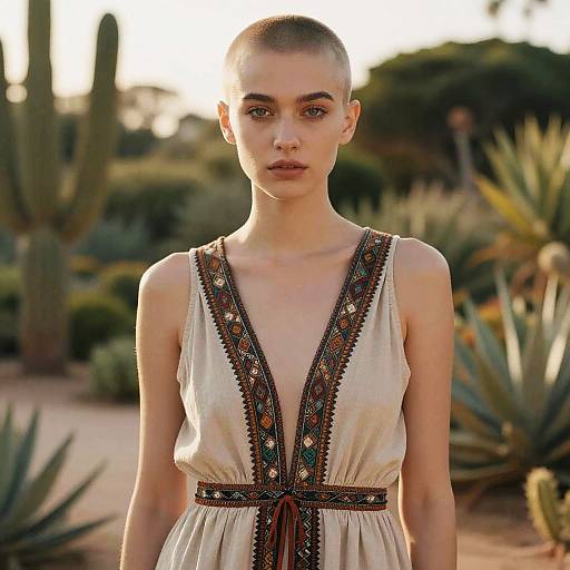Young Woman with Shaved Head in Bohemian Dress
