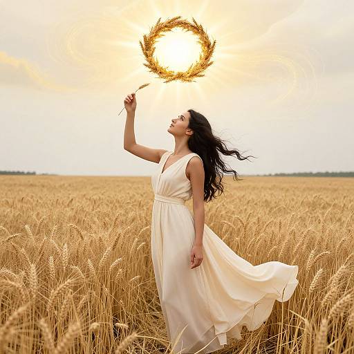 Photograph of a woman with long black hair in a flowing white dress, holding a golden sun crown above a golden wheat field.