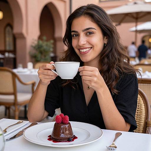 Woman Relaxing with Tea and Dessert
