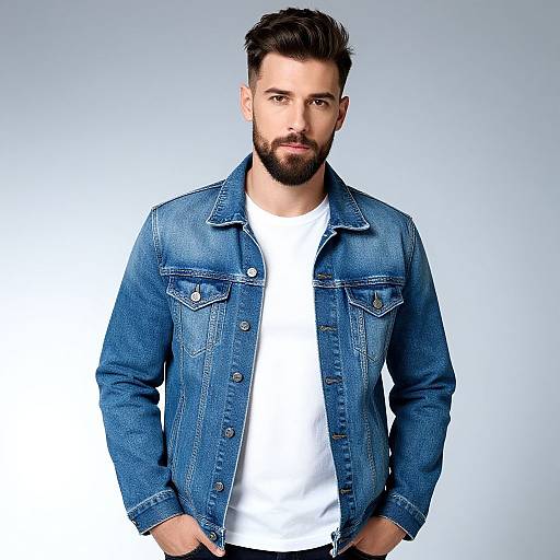 Confident Bearded Man in Denim Jacket
