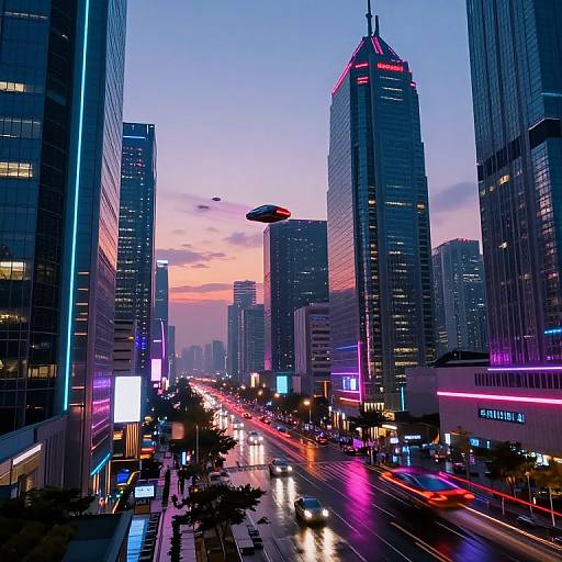 Photograph of a neon-lit, futuristic cityscape at dusk, featuring tall skyscrapers, a flying car, and blurred car lights on a