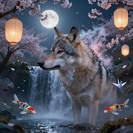 Wolf in Enchanted Moonlit Waterfall Scene