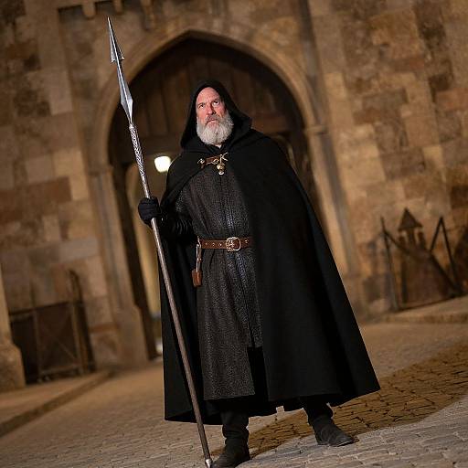 Photograph of a bearded man in a black medieval cloak and tunic, holding a spear, standing on a cobblestone street in front of