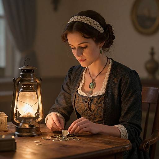 Vintage Woman Counting Coins Illustration