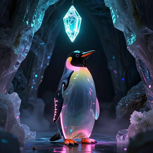 Glowing penguin in an icy cave with neon blue crystal above, surrounded by glowing ice formations, digital artwork.