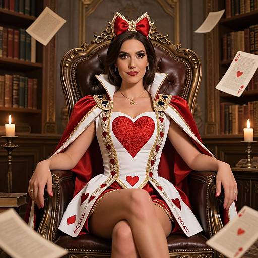 Photorealistic digital art of a dark-haired woman in a red heart-adorned dress and cape, throne room, floating cards, candles.