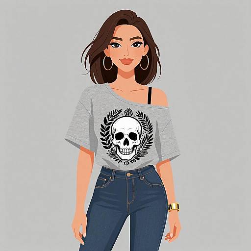 Digital illustration of a woman with medium-length brown hair, wearing a gray off-shoulder shirt with a skull design, blue jeans, and hoop earrings