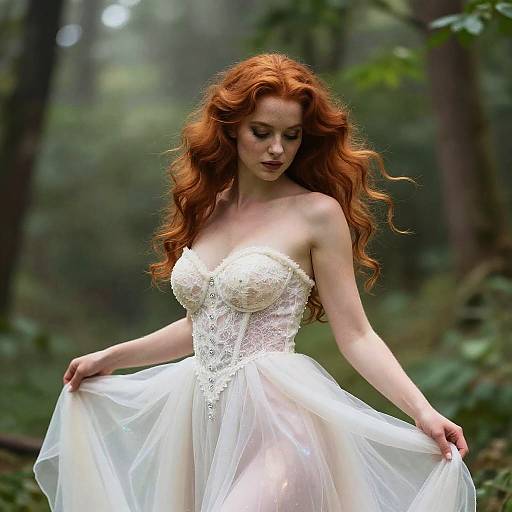 Photograph of a fair-skinned, red-haired woman with wavy hair, wearing a strapless, white lace and tulle wedding dress, standing