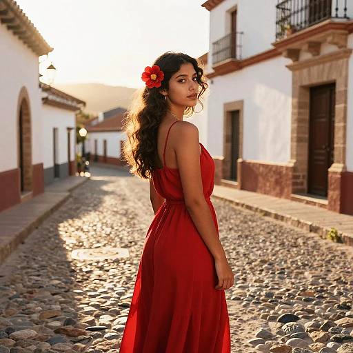 Photograph of a young woman with long curly hair, wearing a red dress and flower, standing on a cobblestone street at sunset in a whit