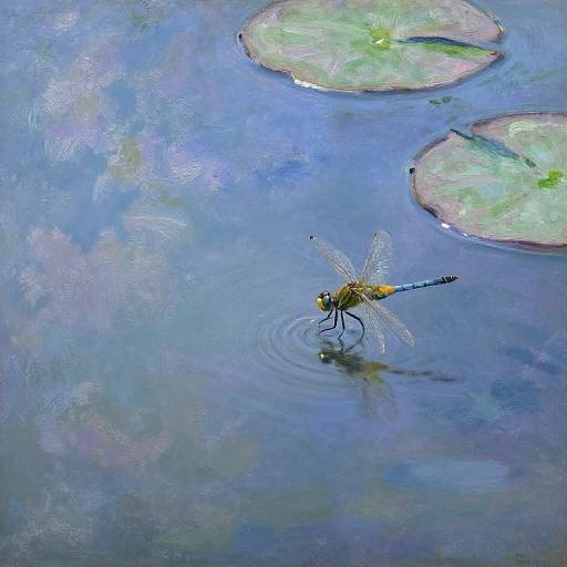 Photograph of a blue and yellow dragonfly with transparent wings, resting on rippling blue water, near two green lily pads.