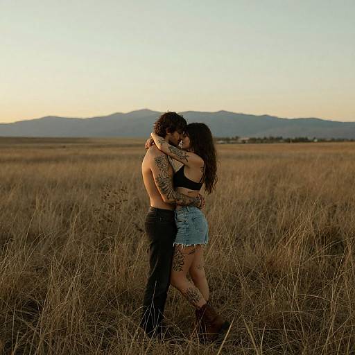 Photograph of a tattooed, shirtless man embracing a woman in a denim skirt in a golden field at sunset, with mountains in the background.