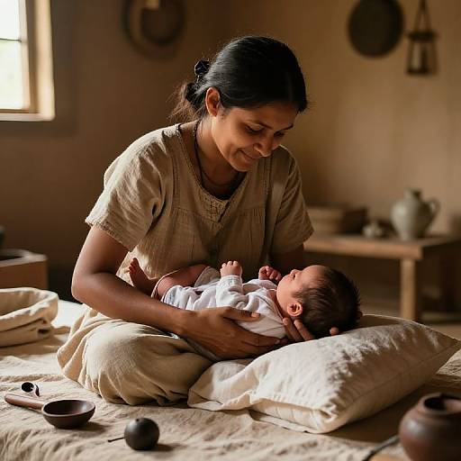 Photograph of a smiling Indian woman with dark hair in a bun, wearing a beige blouse, cradling a newborn baby on a bed with beige
