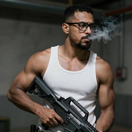 Intense Muscular Man in Industrial Scene