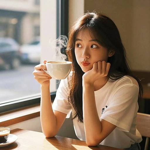 Photograph of an Asian woman with long black hair, pouty expression, white t-shirt, holding a steaming white cup at a sunlit