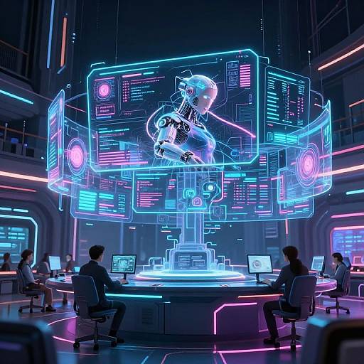 Neon-lit futuristic control room with holographic central figure, surrounded by glowing blue and pink tech screens, and four seated operators. Digital art style