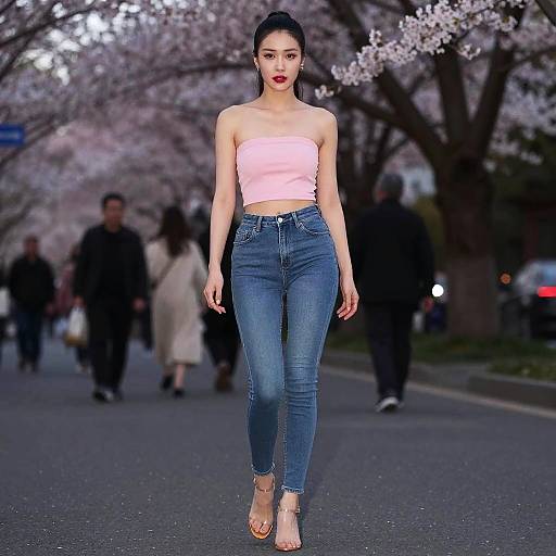 Chic Woman in Cherry Blossom Evening