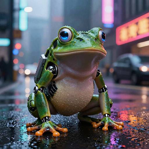 Photograph of a cybernetic green frog with shiny, metallic limbs and large blue eyes, sitting on a wet, neon-lit city street at