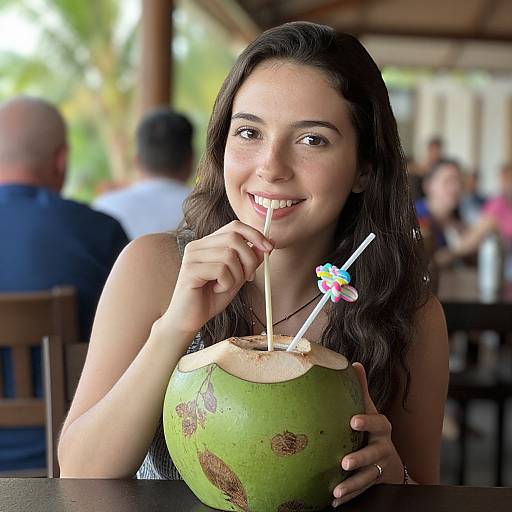 Smiling Woman Drinking Coconut Outdoors