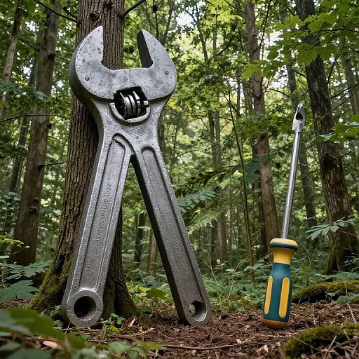 Photograph of a large, metallic wrench sculpture standing upright in a dense, green forest, with a small, yellow-handled screwdriver on the forest