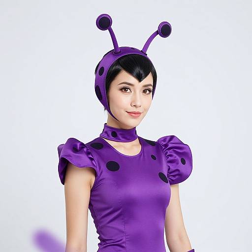 Photograph of an Asian woman in a purple, polka-dotted, sleeveless cosplay outfit with antennae headband, white background, smiling confidently