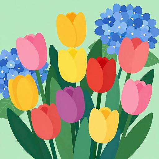 Digital illustration of colorful tulips in yellow, pink, red, purple, and orange, surrounded by blue hyacinths and green leaves, set against