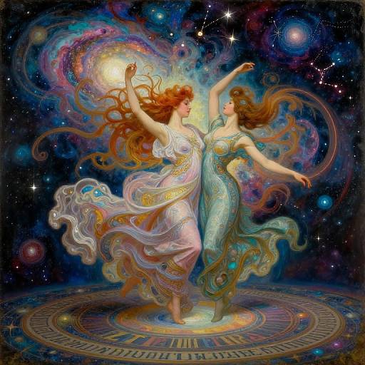Digital painting of two dancing women with flowing, cosmic hair in ethereal dresses, surrounded by colorful space patterns and stars.