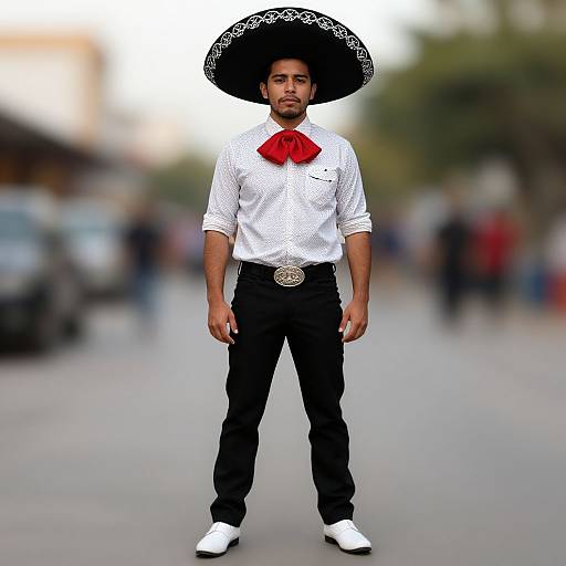 Photograph of a handsome Latino man in white shirt, black pants, white shoes, red bowtie, and large black sombrero, standing confidently on