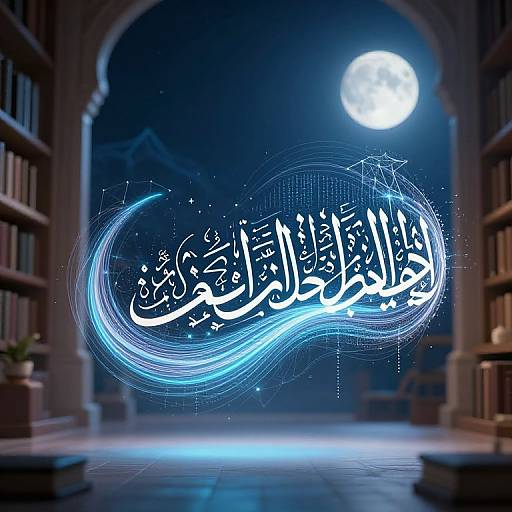 Photograph of a moonlit library archway with blue, glowing Arabic calligraphy and star-like sparkles in the background.