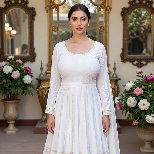 Photograph of a fair-skinned woman with dark hair in a white, long-sleeved, traditional dress standing in front of ornate mirrors and