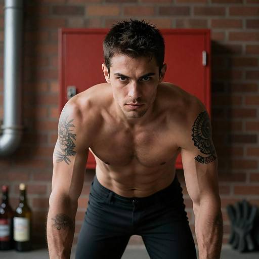 Intense Tattooed Man in Industrial Setting