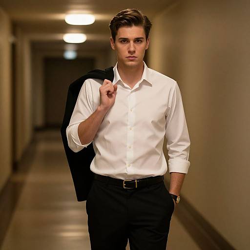 Photograph of a young, handsome man with short brown hair, wearing a white button-up shirt, black pants, and holding a black jacket over his