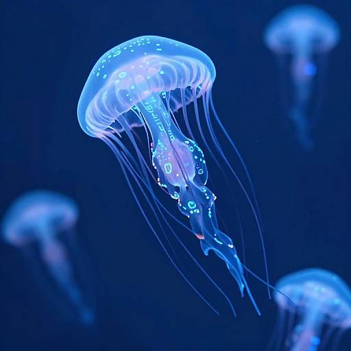 Photograph of glowing blue jellyfish with translucent bodies and long, flowing tentacles against a dark blue underwater background.