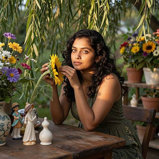 Photograph of a curly-haired woman with olive skin, wearing a green sleeveless dress, holding a sunflower in a sunlit garden, surrounded by