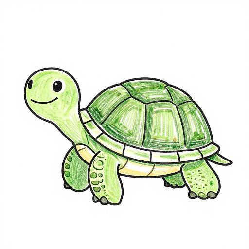 Cute, cartoon-style, green turtle with a smiling face, outlined in black, and colorful, textured shell, set against a plain white background.