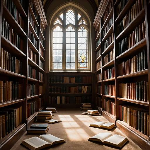 Photograph of a dimly lit, Gothic-style library with tall wooden bookshelves filled with books, open books scattered on the floor, and sunlight
