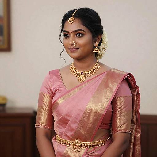 Photograph of a beautiful Indian woman with dark skin and black hair, wearing a pink silk saree and gold jewelry, including a maang tikka