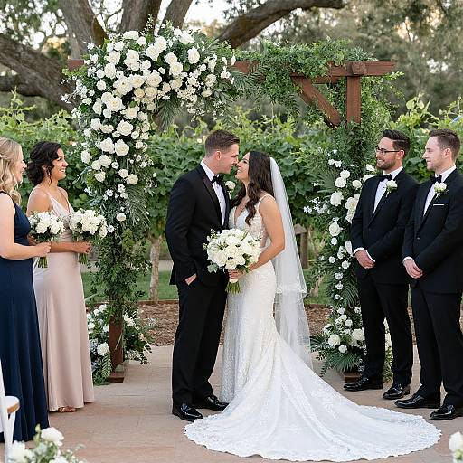 Photograph of an outdoor wedding ceremony with a bride and groom kissing under a white floral arch, surrounded by guests in black and white attire.