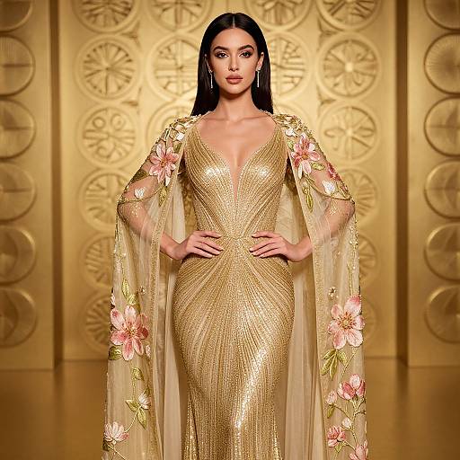 Photograph of a tall, slender woman with long black hair, wearing a gold, sequined, deep V-neck gown with floral-embellished