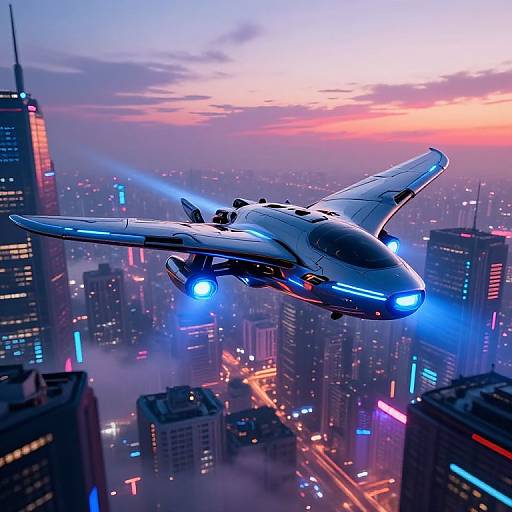 Digital artwork of a futuristic, blue-lit jet fighter soaring above a neon-lit, skyscraper-filled city during sunset, with glowing lights and vibrant