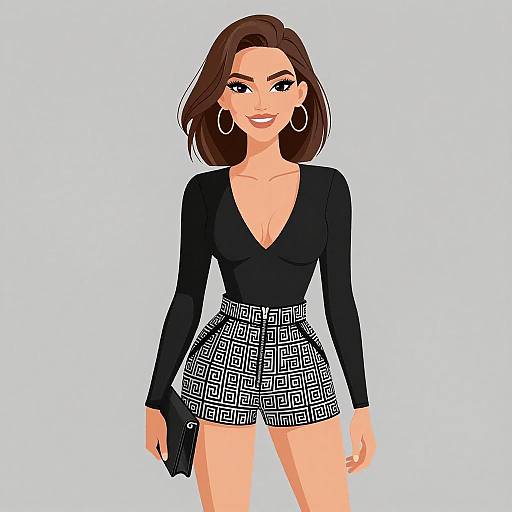 Digital illustration of a smiling woman with brown hair, wearing a black V-neck top, white and black patterned skirt, and hoop earrings, holding a