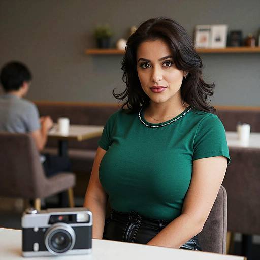 Woman in Emerald Blouse at Cafe