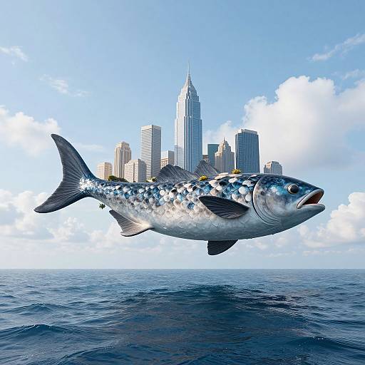 Photorealistic digital art: A fish with star patterns and skyscrapers on its body, floating above the ocean, with a city skyline in the