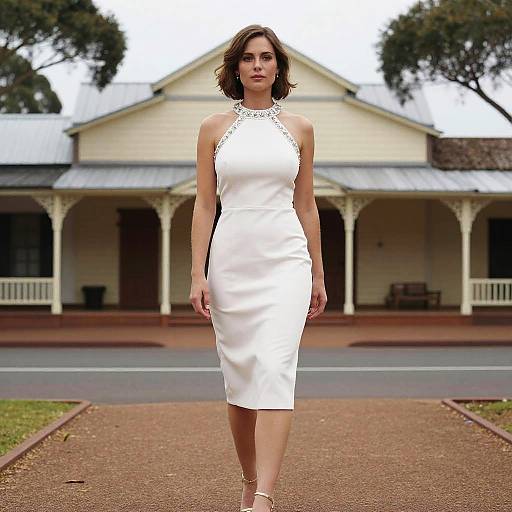 Photograph of a confident brunette woman in a form-fitting white halter-neck dress, standing in front of a quaint, cream-colored, Victorian-style