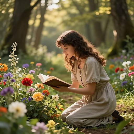 Photograph of a young woman with curly brown hair, wearing a beige dress, kneeling in a sunlit forest, reading a book amidst colorful wildflowers