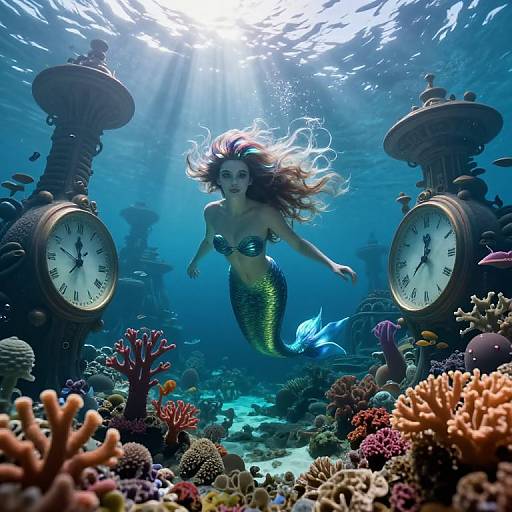 Photograph of a mermaid with flowing red hair, green-scaled tail, and seashell top, swimming between two large underwater clock towers surrounded