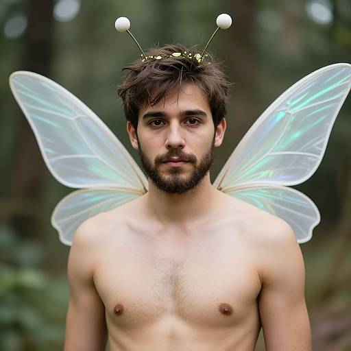 Photograph of a shirtless, bearded man with dark hair, fairy wings, and antennae headpiece, standing in a forest. Fairy-like