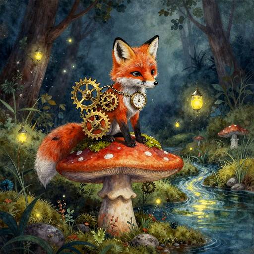 Gilded Clockwork Fox in Twilight Glade